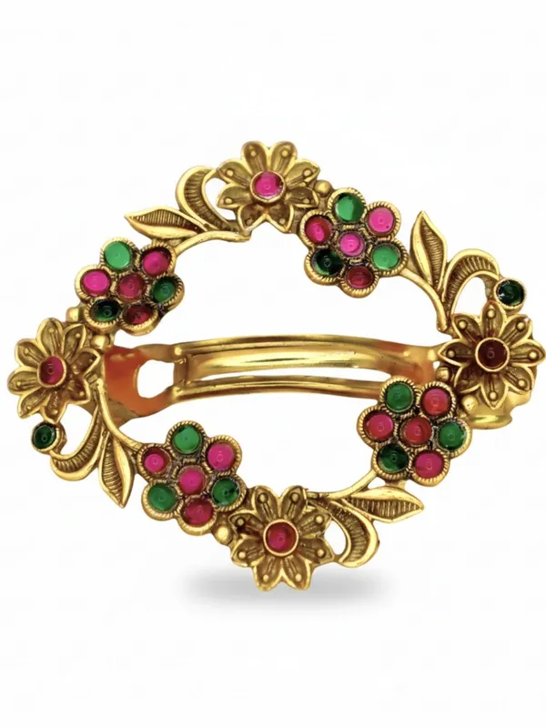 JWELLA_Gold-Plated_Floral_Hair_Clip_with_Pink_&_Green_Stones_Antique-Finish_Wedding_&_Party_Accessory