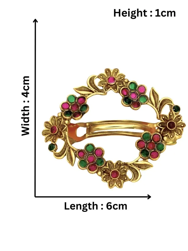 JWELLA_Gold-Plated_Floral_Hair_Clip_with_Pink_&_Green_Stones_Antique-Finish_Wedding_&_Party_Accessory