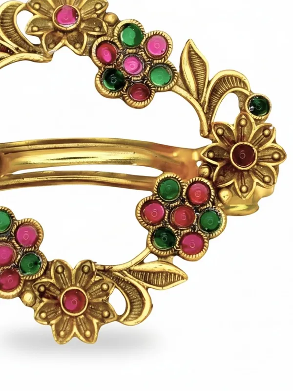 JWELLA_Gold-Plated_Floral_Hair_Clip_with_Pink_&_Green_Stones_Antique-Finish_Wedding_&_Party_Accessory