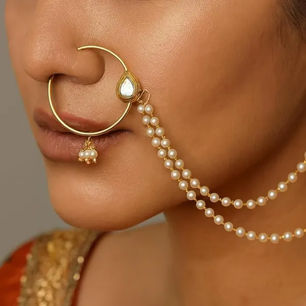 JWELLA_Gold_Plated_Traditional_Ethnic_Bridal_Nose_Ring/Nath_without_piercing_with_Pearl_Chain_Encased_with_Pearl_Stone