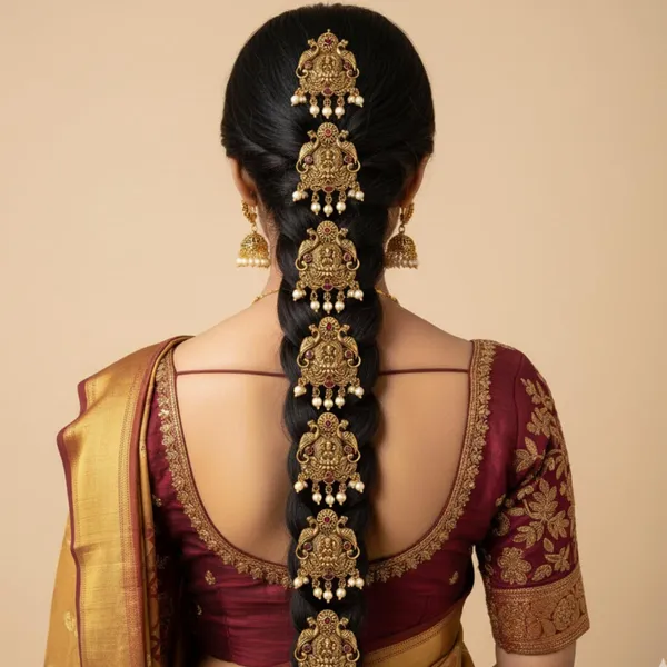 JWELLA_Set_of_9_Antique_Gold_Lakshmi_Choti_Hair_Accessories_with_Pearl_Drops_&_Peacock_Design_|_Traditional_Temple_Juda_Pins_for_Brides