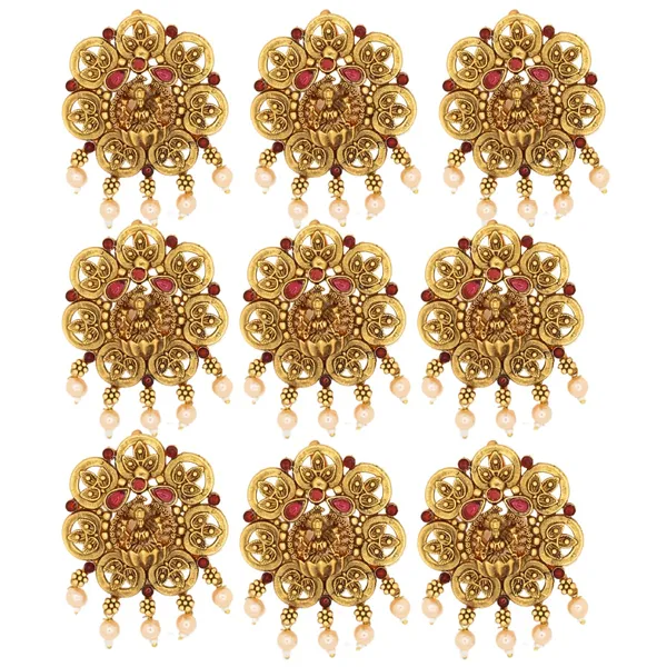 JWELLA_Set_of_9_Lakshmi_Antique_Gold-Toned_Round_Choti_Pins_with_Pearl_Drops_and_Red_Enamel_|_Traditional_South_Indian_Juda_Accessories_for_Women
