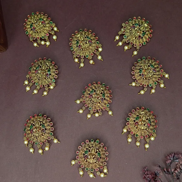 JWELLA_Set_of_9_Lakshmi_Temple_Design_Choti_Pins_with_Red_&_Green_Enamel_and_Pearl_Drops_|_Traditional_Juda_Accessories_for_Bridal_&_Festive_Hairstyles