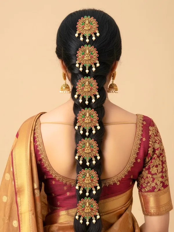 JWELLA_Set_of_9_Lakshmi_Temple_Design_Choti_Pins_with_Red_&_Green_Enamel_and_Pearl_Drops_|_Traditional_Juda_Accessories_for_Bridal_&_Festive_Hairstyles