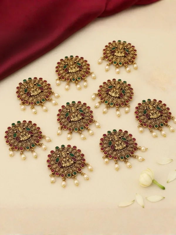 JWELLA_Set_of_9_Lakshmi_Temple_Design_Choti_Pins_with_Red_&_Green_Enamel_and_Pearl_Drops_|_Traditional_Juda_Accessories_for_Bridal_&_Festive_Hairstyles