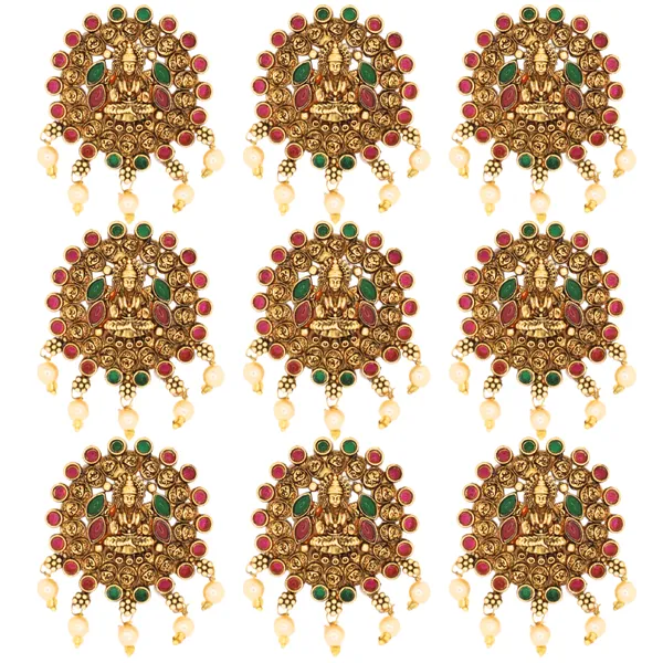 JWELLA_Set_of_9_Lakshmi_Temple_Design_Choti_Pins_with_Red_&_Green_Enamel_and_Pearl_Drops_|_Traditional_Juda_Accessories_for_Bridal_&_Festive_Hairstyles
