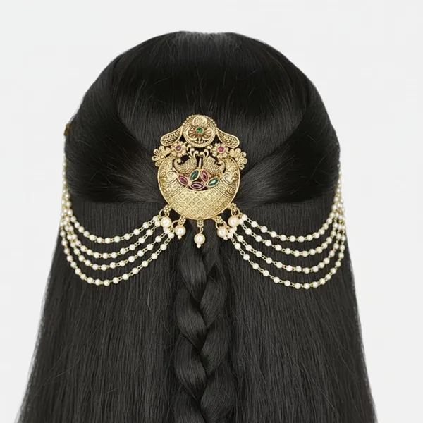 JWELLA_Traditional_Gold_Plated_Brass_Choti_Hair_Accessory_with_Antique_Design_&_Pearl_Bead_Chains_|_South_Indian_Temple_Jewelry_for_Brides_&_Festive_Occasions