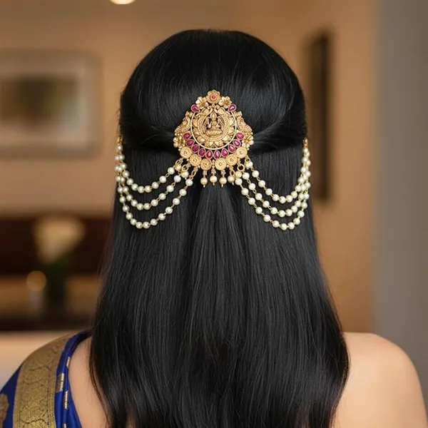 JWELLA_Traditional_Gold_Plated_Brass_Choti_with_Pearl_Beads_&_Antique_Temple_Design_|_South_Indian_Hair_Jewelry_for_Women_&_Brides_|_Wedding_Festive_Accessories