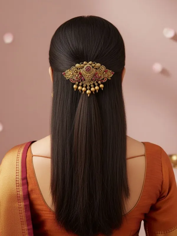 JWELLA_Traditional_Gold-Plated_Hair_Barrette_Clip_with_Floral_Design_and_Pink_stone_golden_beads_Danglers