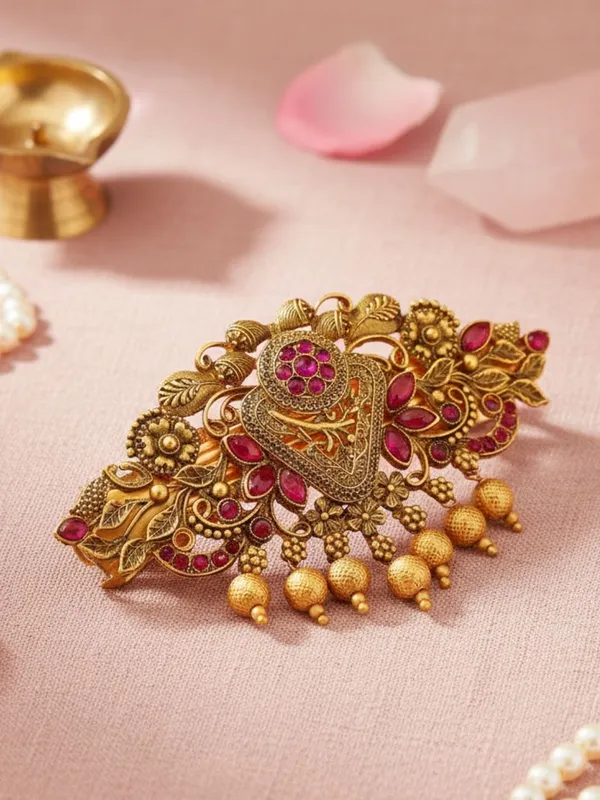 JWELLA_Traditional_Gold-Plated_Hair_Barrette_Clip_with_Floral_Design_and_Pink_stone_golden_beads_Danglers