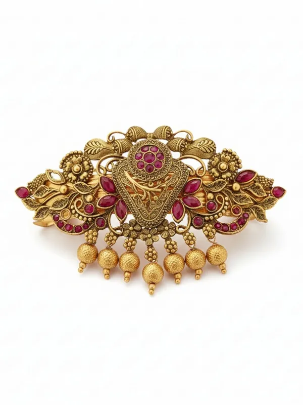 JWELLA_Traditional_Gold-Plated_Hair_Barrette_Clip_with_Floral_Design_and_Pink_stone_golden_beads_Danglers