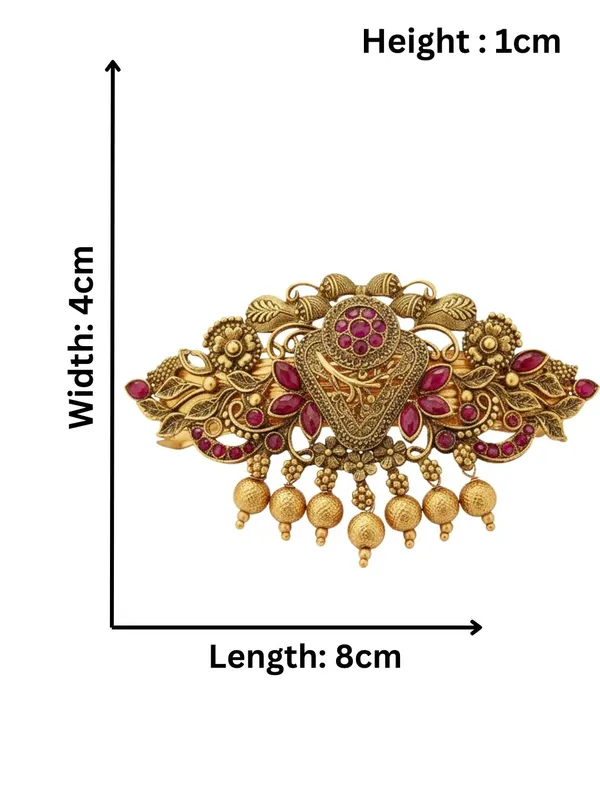JWELLA_Traditional_Gold-Plated_Hair_Barrette_Clip_with_Floral_Design_and_Pink_stone_golden_beads_Danglers