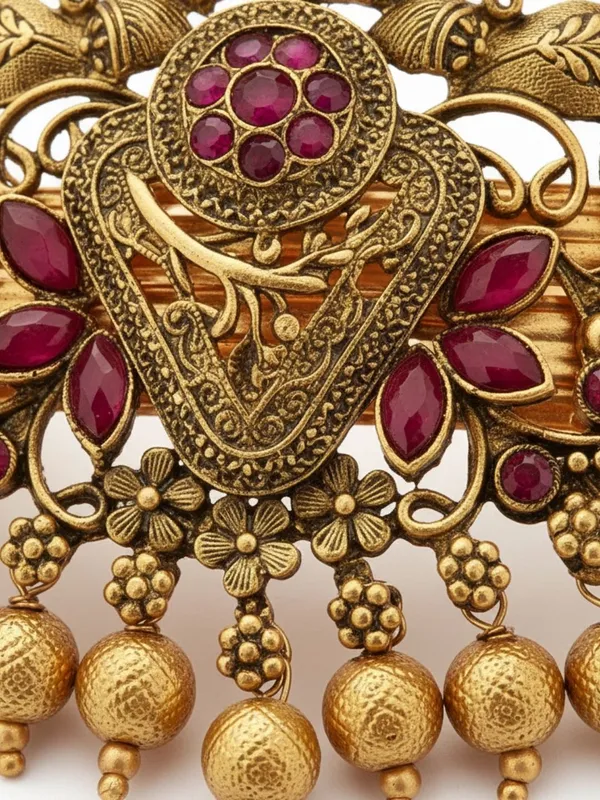 JWELLA_Traditional_Gold-Plated_Hair_Barrette_Clip_with_Floral_Design_and_Pink_stone_golden_beads_Danglers