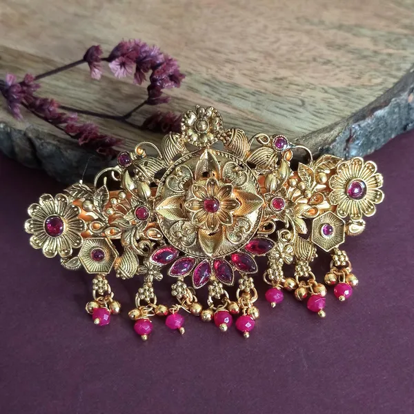 JWELLA_Traditional_Gold-Plated_Hair_Barrette_Clip_with_Floral_Design_and_Pink_stone_small_pink_and_golden_beads_Danglers