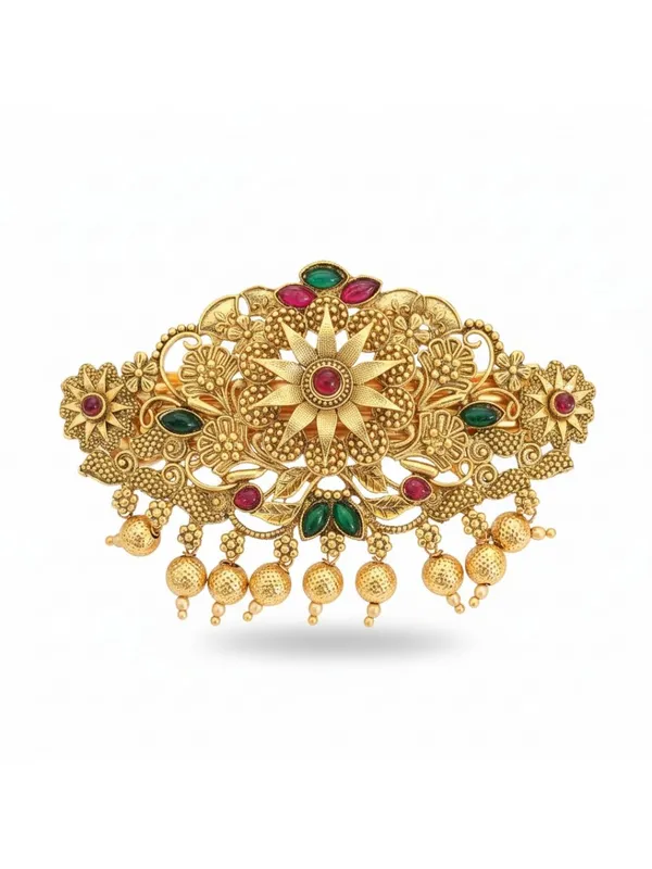 JWELLA_Traditional_Gold-Plated_Hair_Barrette_Clip_with_Floral_Design_and_multicolor_stone_golden_beads_Danglers