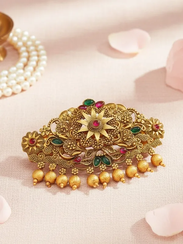 JWELLA_Traditional_Gold-Plated_Hair_Barrette_Clip_with_Floral_Design_and_multicolor_stone_golden_beads_Danglers