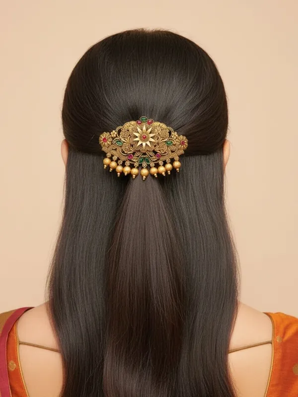 JWELLA_Traditional_Gold-Plated_Hair_Barrette_Clip_with_Floral_Design_and_multicolor_stone_golden_beads_Danglers