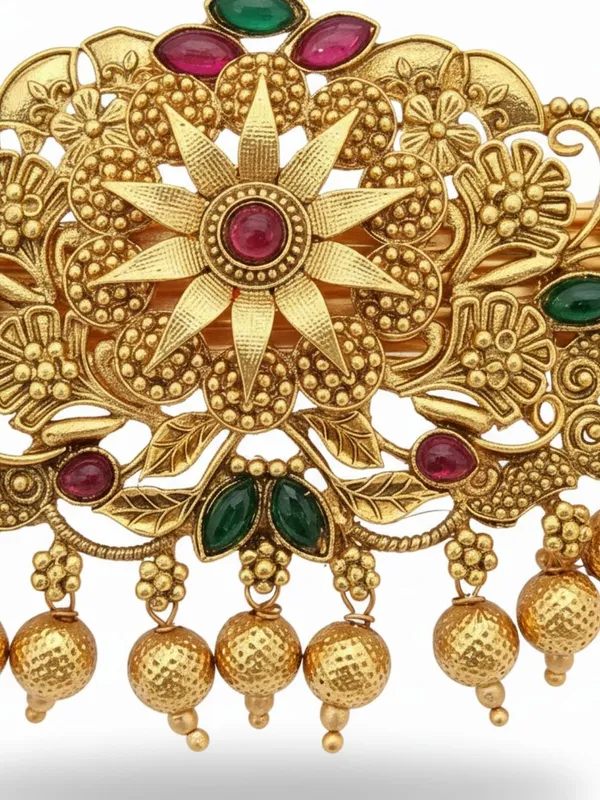 JWELLA_Traditional_Gold-Plated_Hair_Barrette_Clip_with_Floral_Design_and_multicolor_stone_golden_beads_Danglers