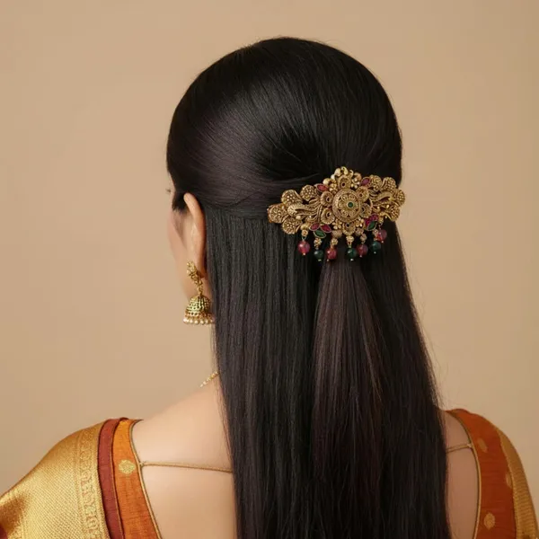 JWELLA_Traditional_Gold-Plated_Hair_Barrette_Clip_with_Floral_Design_and_multicolor_stone_multicolor_beads_Danglers