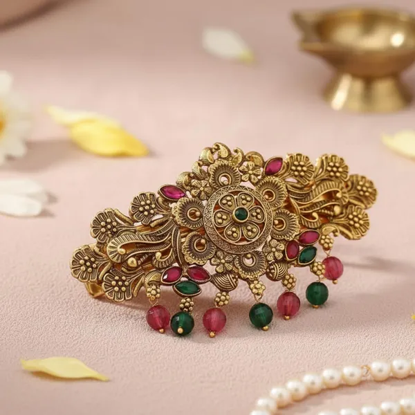 JWELLA_Traditional_Gold-Plated_Hair_Barrette_Clip_with_Floral_Design_and_multicolor_stone_multicolor_beads_Danglers