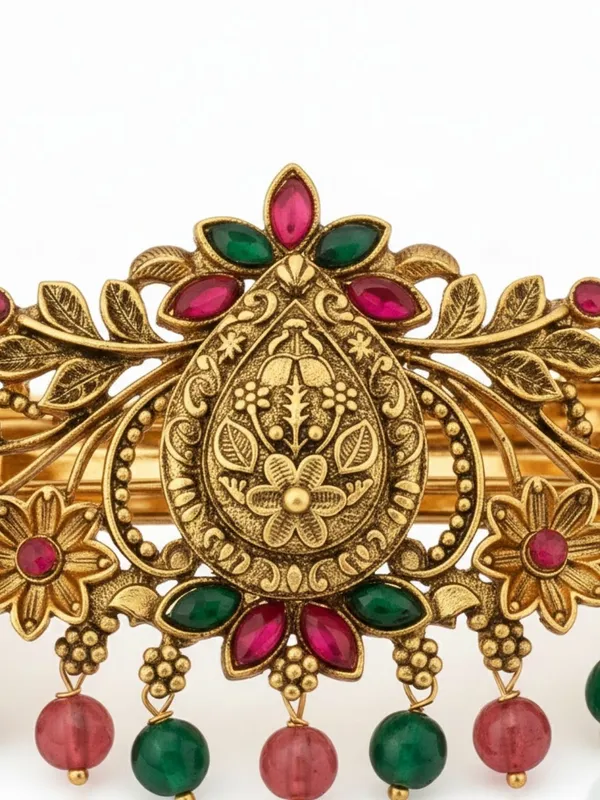 JWELLA_Traditional_Gold-Plated_Hair_Barrette_Clip_with_Floral_Design_and_multicolor_stone_multicolor_beads_Danglers