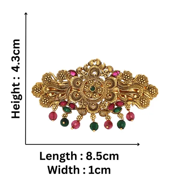 JWELLA_Traditional_Gold-Plated_Hair_Barrette_Clip_with_Floral_Design_and_multicolor_stone_multicolor_beads_Danglers