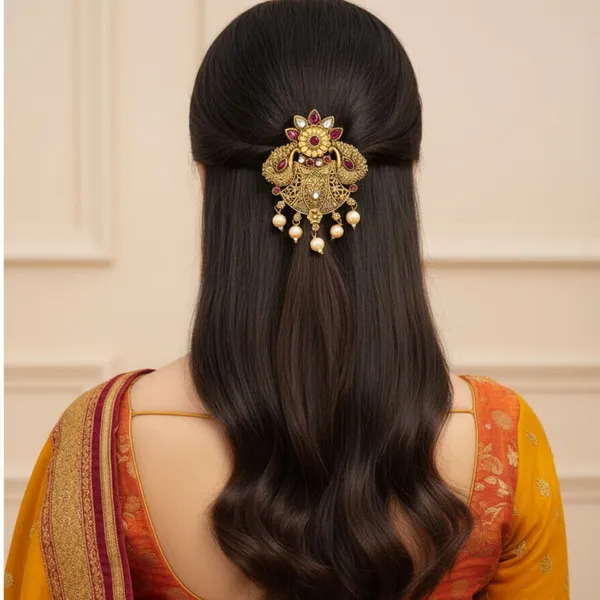 JWELLA_Traditional_Temple_Peacock_Design_Gold-Plated_Hair_Barrette_with_Pearl_Accents