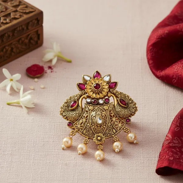JWELLA_Traditional_Temple_Peacock_Design_Gold-Plated_Hair_Barrette_with_Pearl_Accents