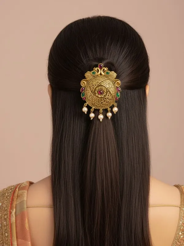 JWELLA_Traditional_Temple_Peacock_Design_Gold-Plated_Round_Hair_Barrette_with_Pearl_Accents