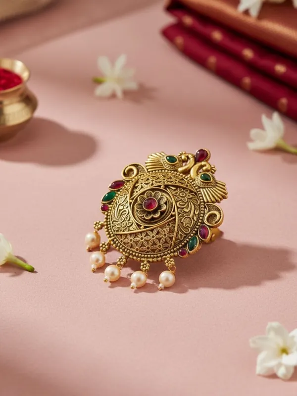 JWELLA_Traditional_Temple_Peacock_Design_Gold-Plated_Round_Hair_Barrette_with_Pearl_Accents