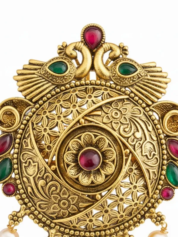 JWELLA_Traditional_Temple_Peacock_Design_Gold-Plated_Round_Hair_Barrette_with_Pearl_Accents