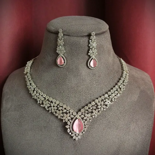 AD_tear_drop_Pink_stone_necklace_set_with_earrings_For_Women_&_Girls