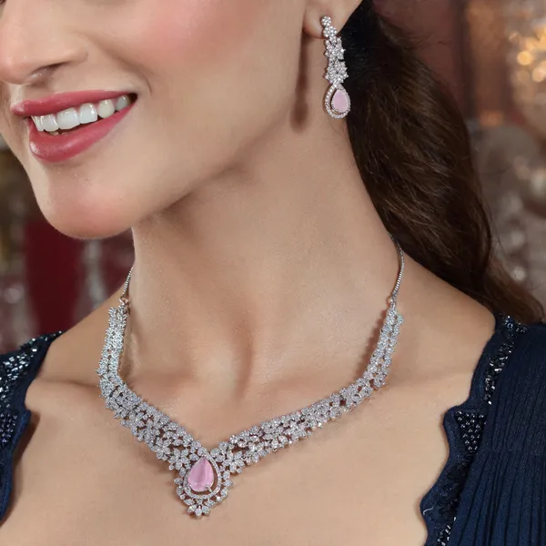 AD_tear_drop_Pink_stone_necklace_set_with_earrings_For_Women_&_Girls