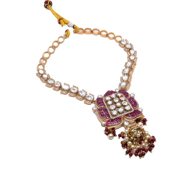 GoldPlated_Lotus_Motif_Necklace_Set_with_Ruby_Accents,_Jhumka_Pendant,_and_Matching_Earrings_For_Women_&_Girls