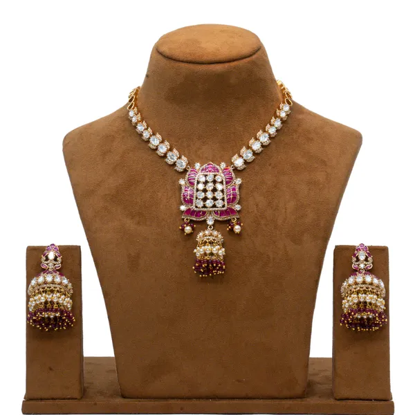 GoldPlated_Lotus_Motif_Necklace_Set_with_Ruby_Accents,_Jhumka_Pendant,_and_Matching_Earrings_For_Women_&_Girls