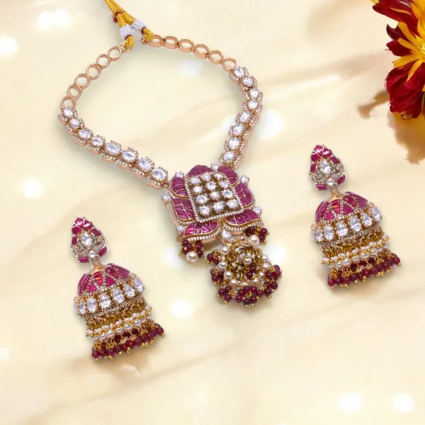 GoldPlated_Lotus_Motif_Necklace_Set_with_Ruby_Accents,_Jhumka_Pendant,_and_Matching_Earrings_For_Women_&_Girls