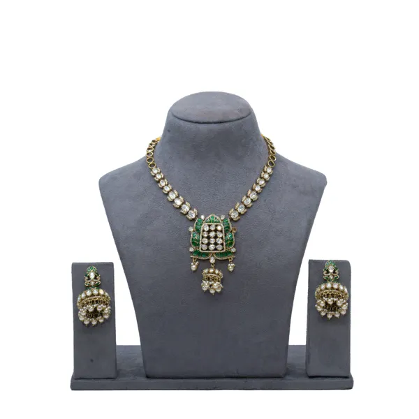 GoldPlated_Lotus_Motif_Necklace_Set_with_Ruby_Accents,_Jhumka_Pendant,_and_Matching_Earrings_For_Women_&_Girls