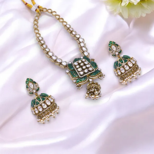 GoldPlated_Lotus_Motif_Necklace_Set_with_Ruby_Accents,_Jhumka_Pendant,_and_Matching_Earrings_For_Women_&_Girls