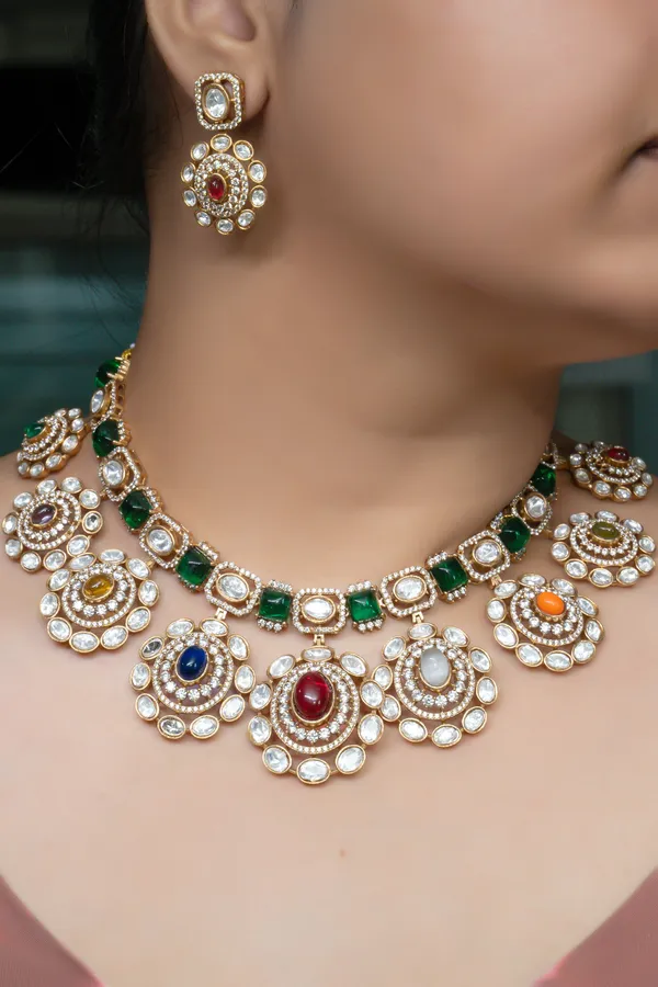 GoldPlated_Navaratna_Statement_Necklace_Set_with_Matching_Earrings_For_Women_&_Girls