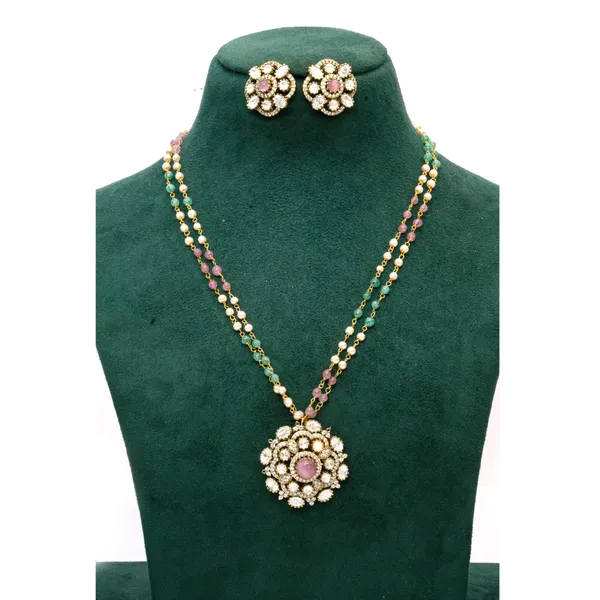 Gold-Plated_Multistrand_Pearl_and_Emerald_Beaded_Necklace_Set_with_Floral_Pendant_For_Women_&_Girls
