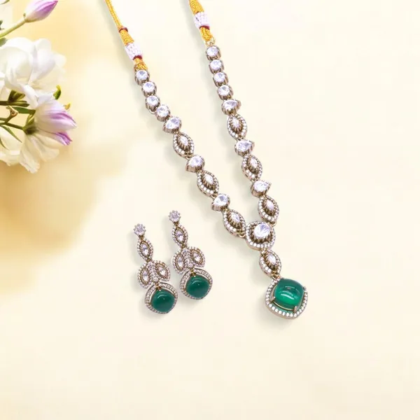 GoldPlated_Green_Pendant_Necklace_Set_with_Matching_Drop_Earrings_For_Women_&_Girls