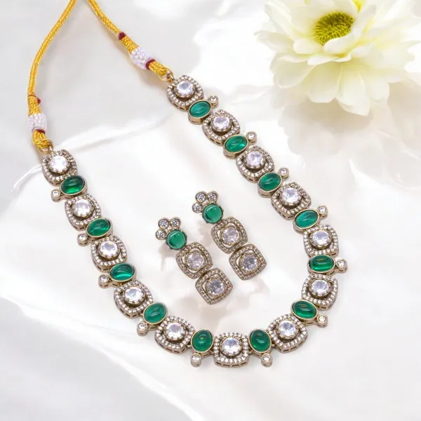 GoldPlated_Emerald_and_Cubic_Zirconia_Necklace_Set_with_Matching_Earrings_For_Women_&_Girls