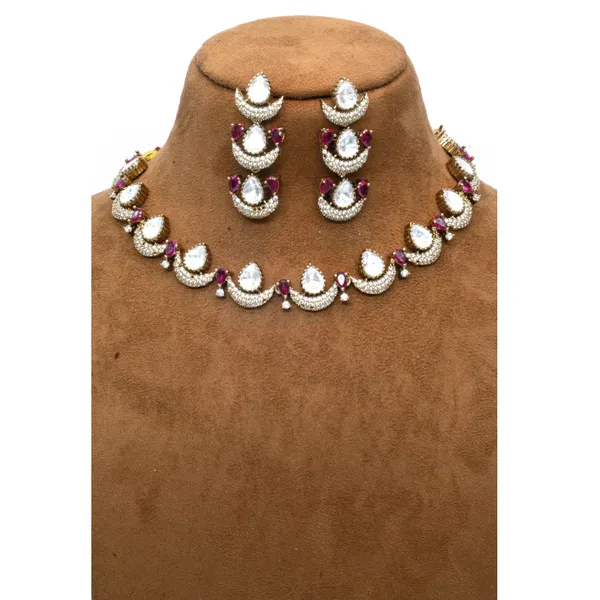GoldPlated_Teardrop_and_Ruby_Accent_Necklace_Set_with_MultiLayer_Earrings_For_Women_&_Girls