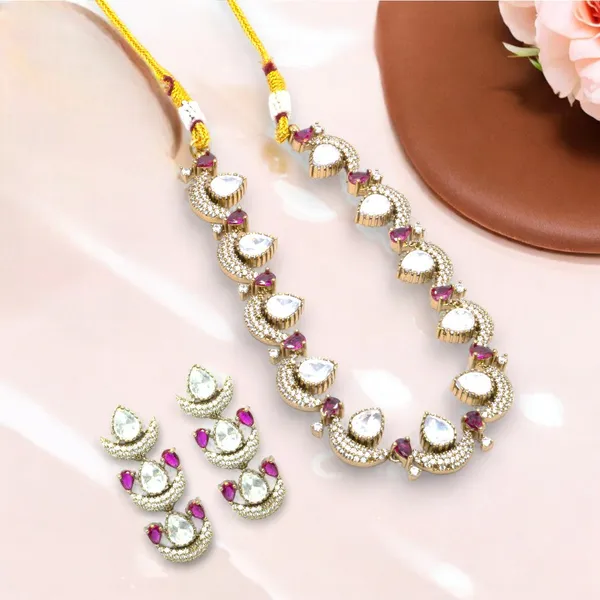 GoldPlated_Teardrop_and_Ruby_Accent_Necklace_Set_with_MultiLayer_Earrings_For_Women_&_Girls