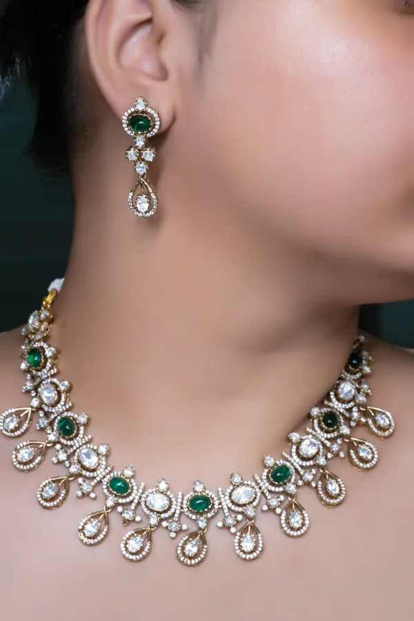 GoldPlated_Ruby_and_Cubic_Zirconia_Bridal_Necklace_Set_with_Drop_Earrings_For_Women_&_Girls