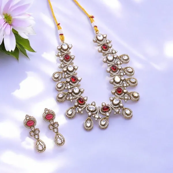 GoldPlated_Ruby_and_Cubic_Zirconia_Bridal_Necklace_Set_with_Drop_Earrings_For_Women_&_Girls