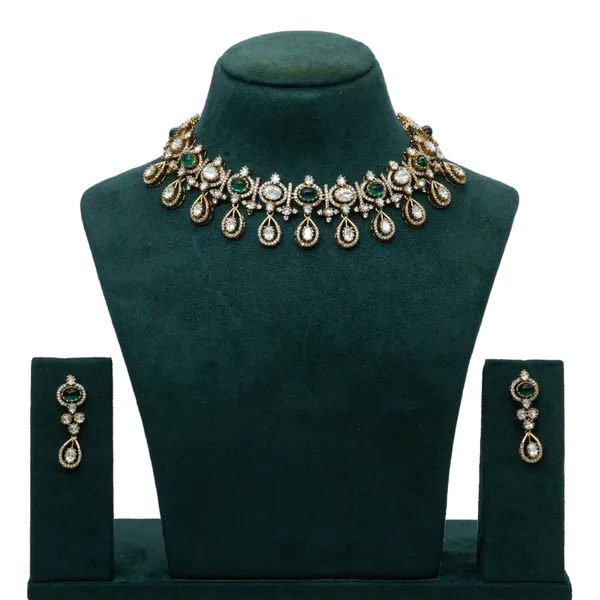 GoldPlated_Ruby_and_Cubic_Zirconia_Bridal_Necklace_Set_with_Drop_Earrings_For_Women_&_Girls