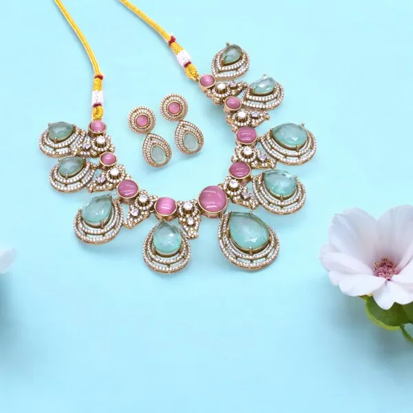 GoldPlated_Emerald_and_Ruby_Teardrop_Necklace_Set_with_Matching_Earrings_For_Women_&_Girls