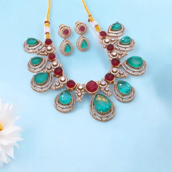 GoldPlated_Emerald_and_Ruby_Teardrop_Necklace_Set_with_Matching_Earrings_For_Women_&_Girls