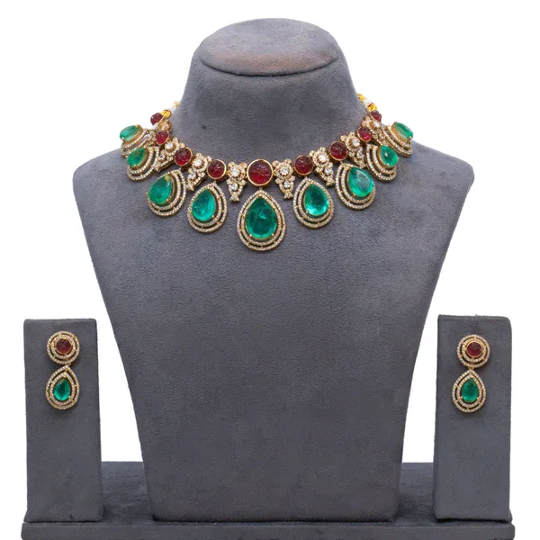 GoldPlated_Emerald_and_Ruby_Teardrop_Necklace_Set_with_Matching_Earrings_For_Women_&_Girls